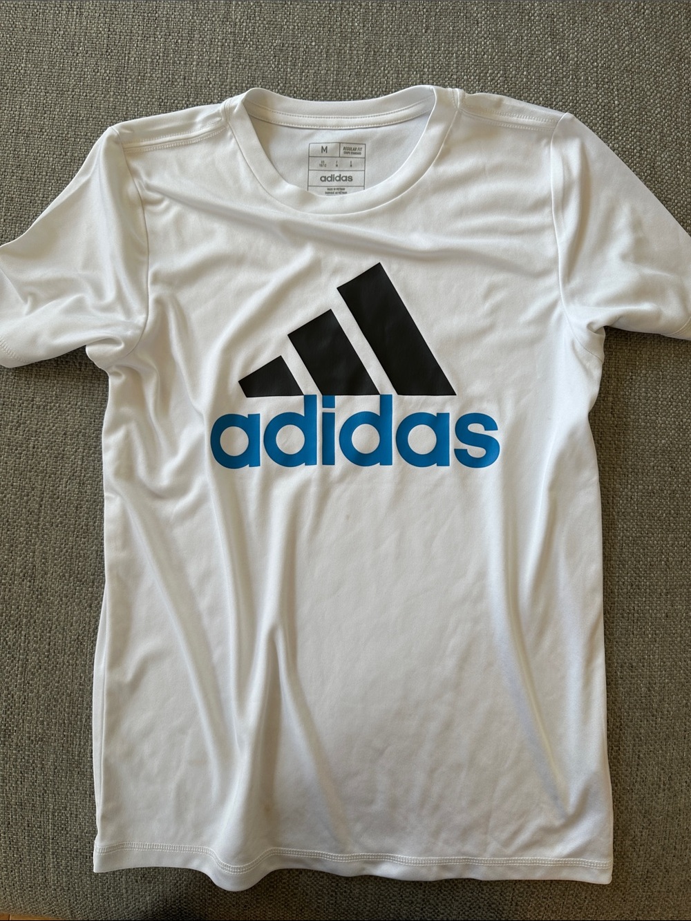 adidas White Tee with Black Logo and Blue Wordmark